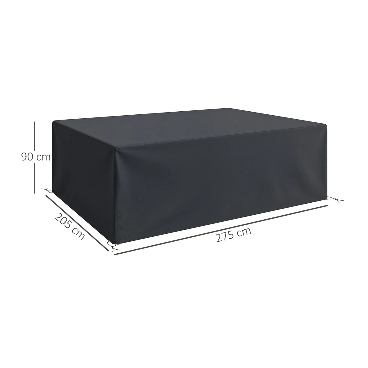 Black waterproof cover with size guide: 275 x 205 x 90 cm
