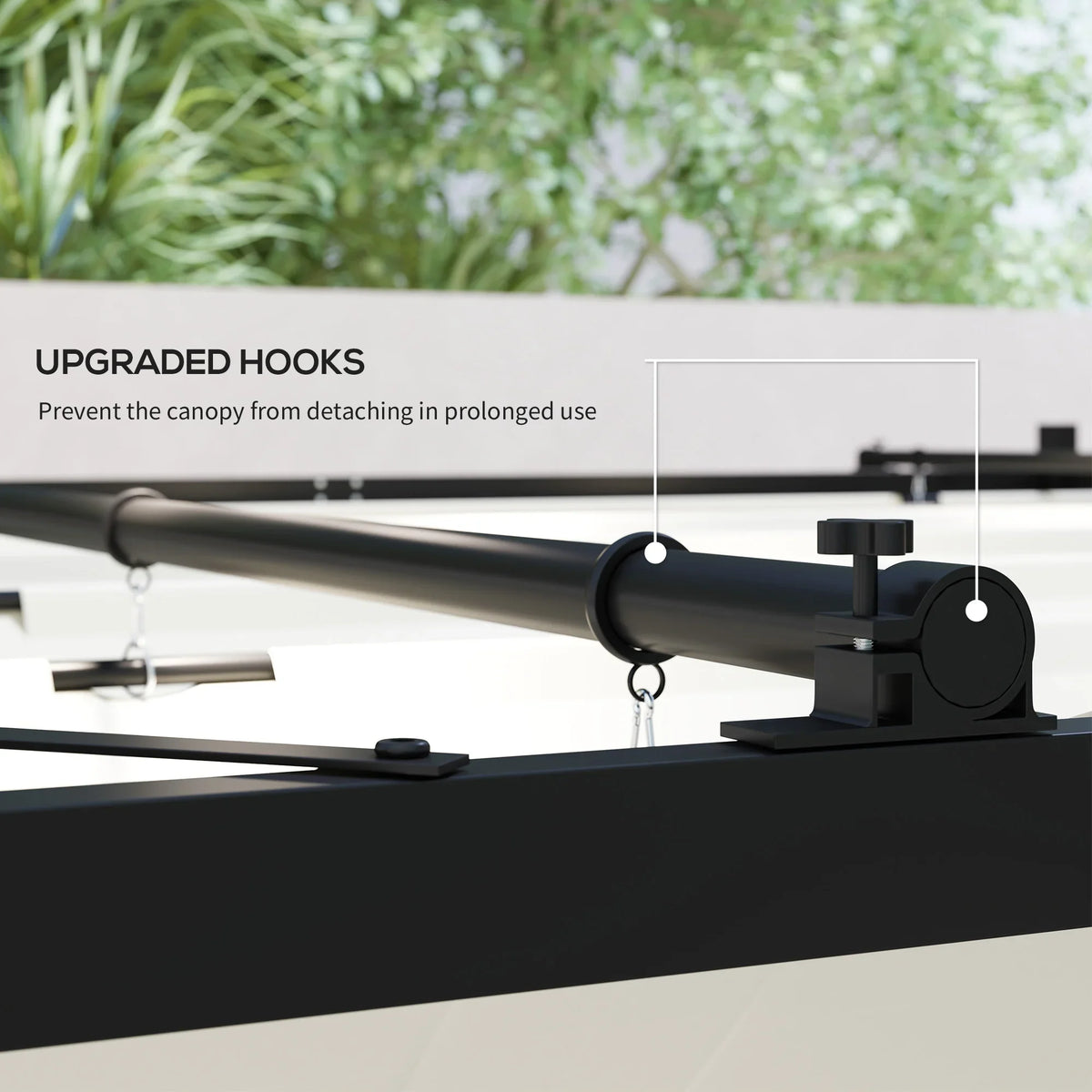 Retractable canopy pergola rail with upgraded hook hardware for secure attachment