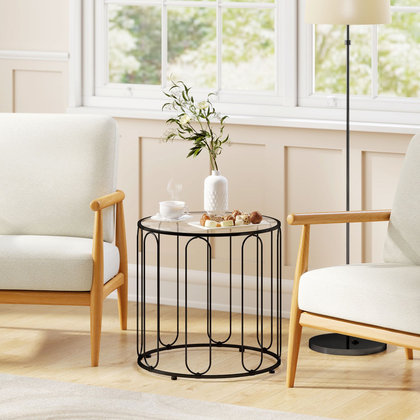 HOMCOM Elliptical Cutout Nesting Tables Black Glass Top With Metal Ring Frame Two Piece Set