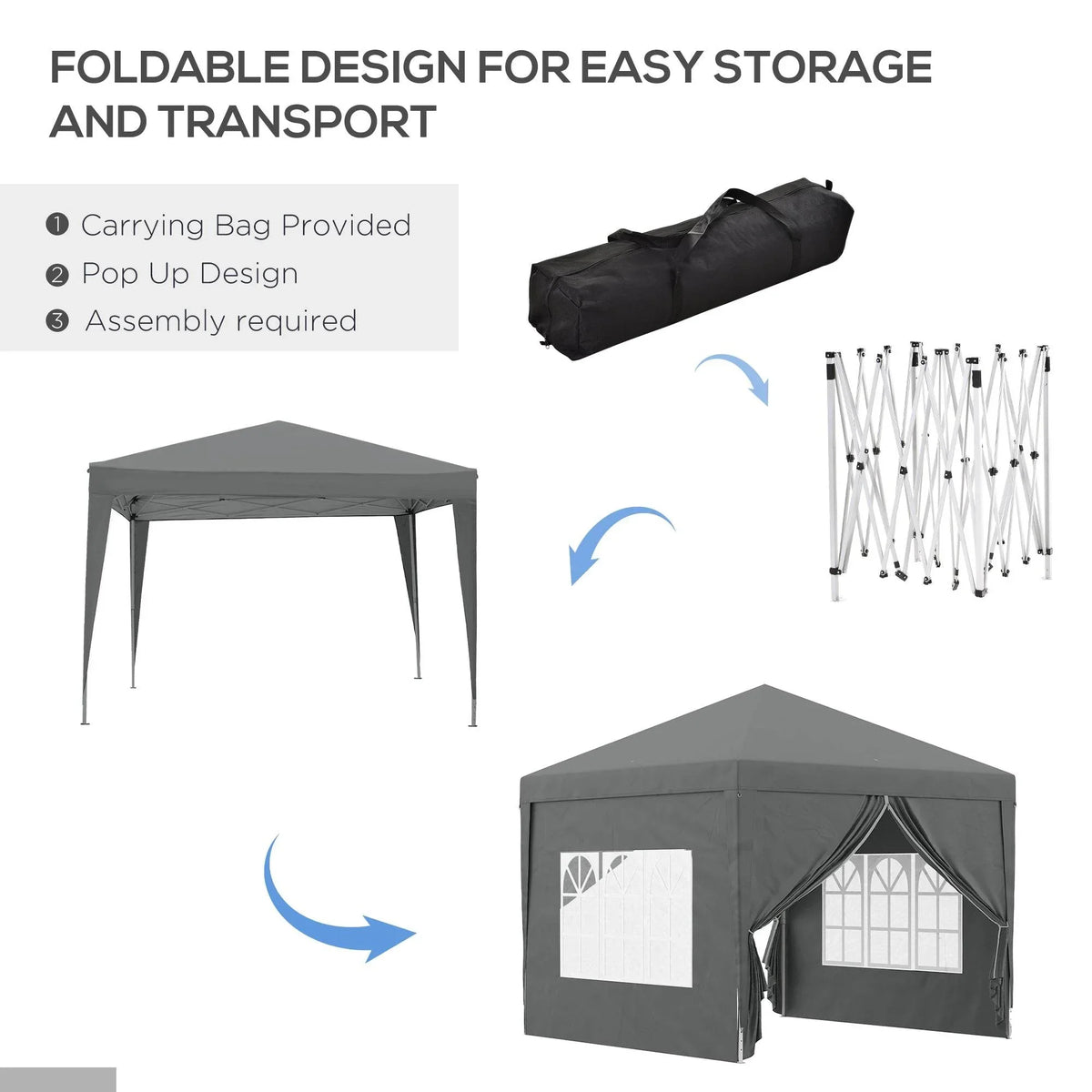 Grey pop-up canopy tent with carry bag, folded for storage and pop-up frame diagram