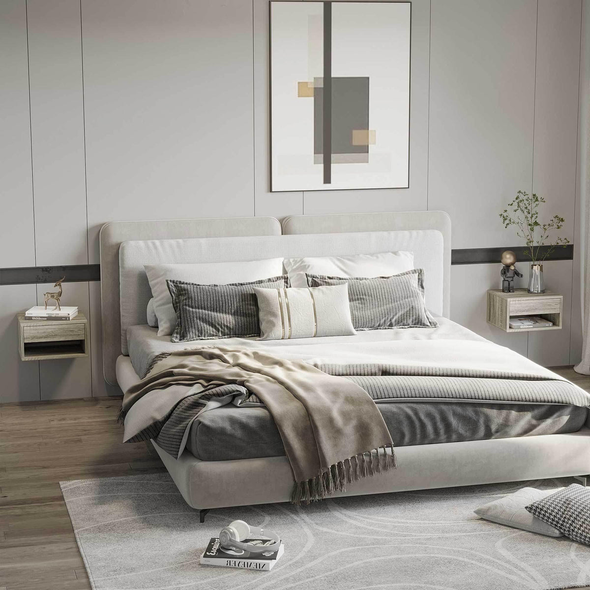 Floating wood nightstand set with drawer and open shelf, styled beside bed