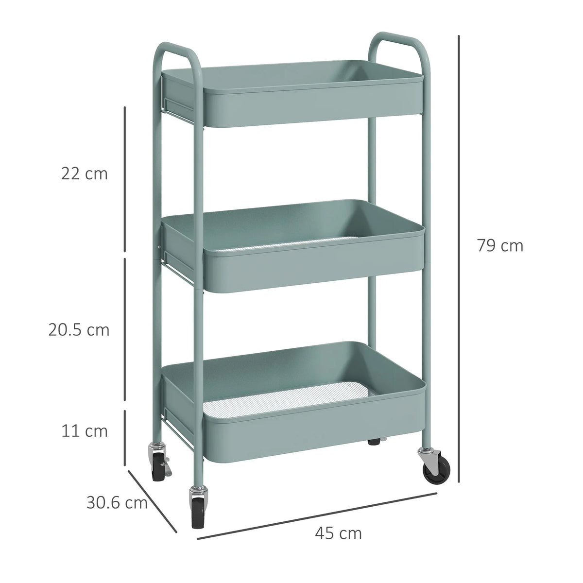 Light blue rolling storage cart with three open tiers, curved handles, and caster wheels