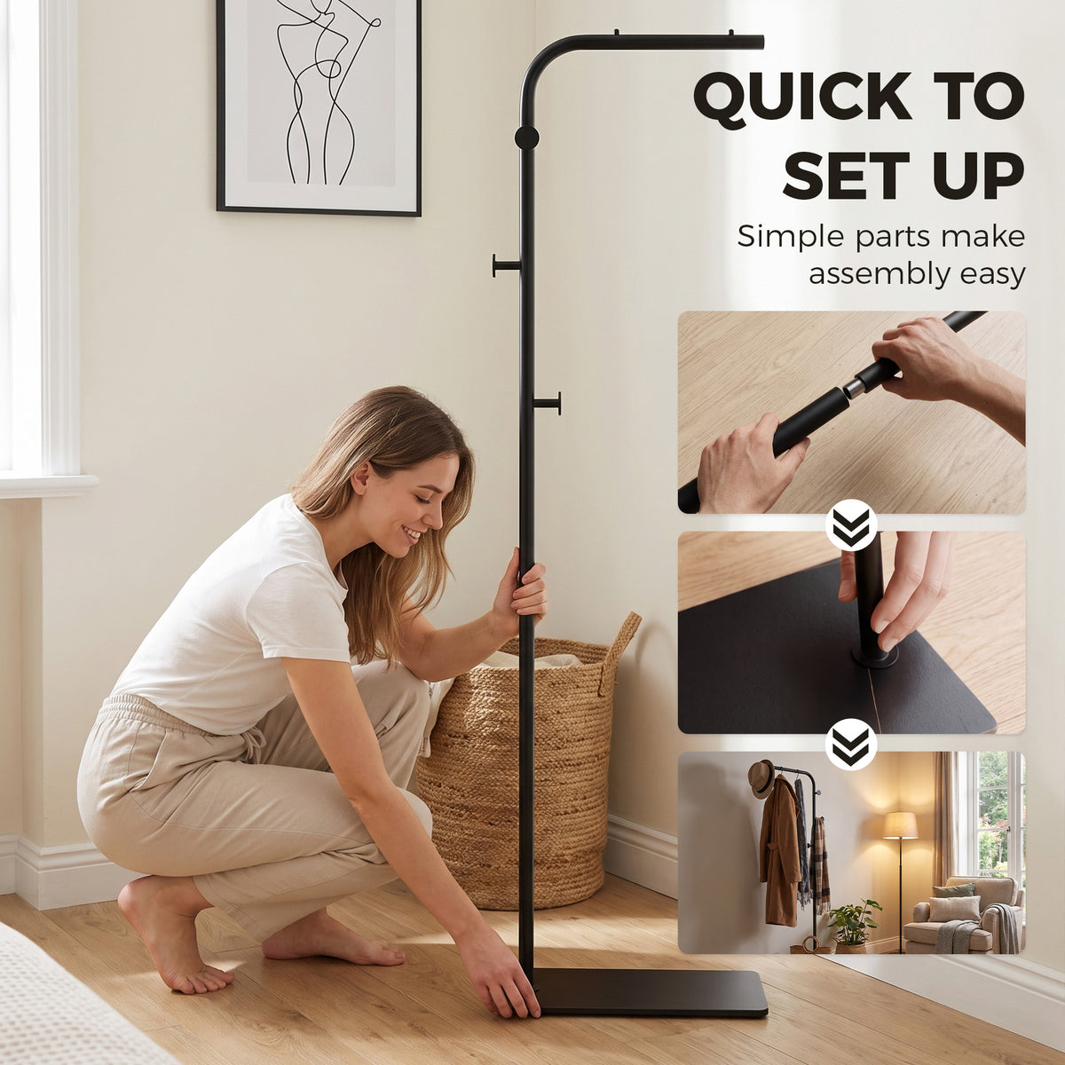 Homcom Clothing Rack With 3 Hooks Garment Stand For Bedroom Black