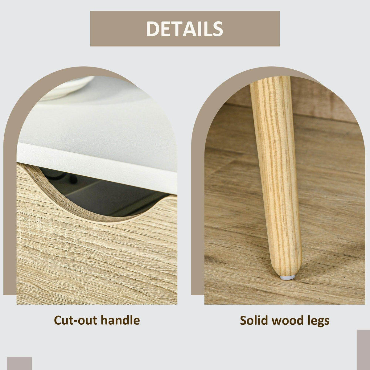 Bedside table detail: cut-out drawer handle and solid wood tapered legs
