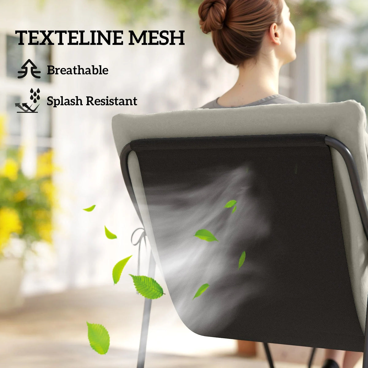 Light grey outdoor chair back with breathable mesh and padded armrests