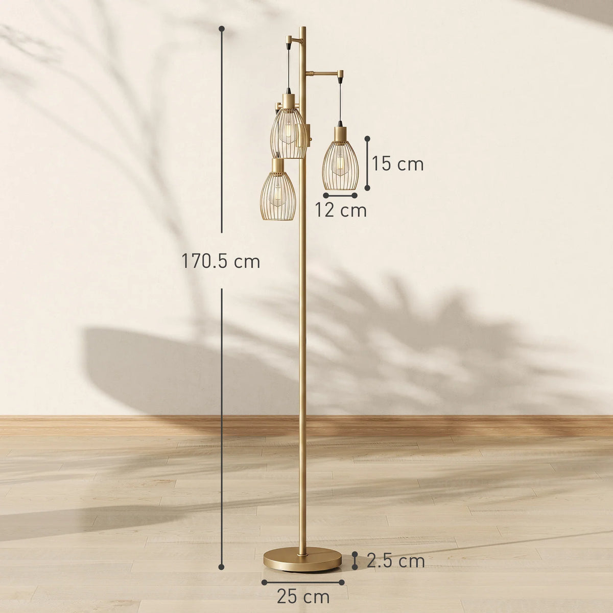 Gold-tone 3-light industrial floor lamp with cage shades, tall slim pole and round base
