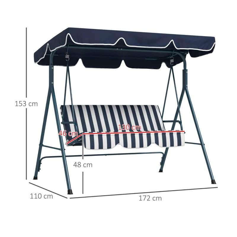 3-seat garden swing chair with blue-and-white striped bench cushion under dark canopy