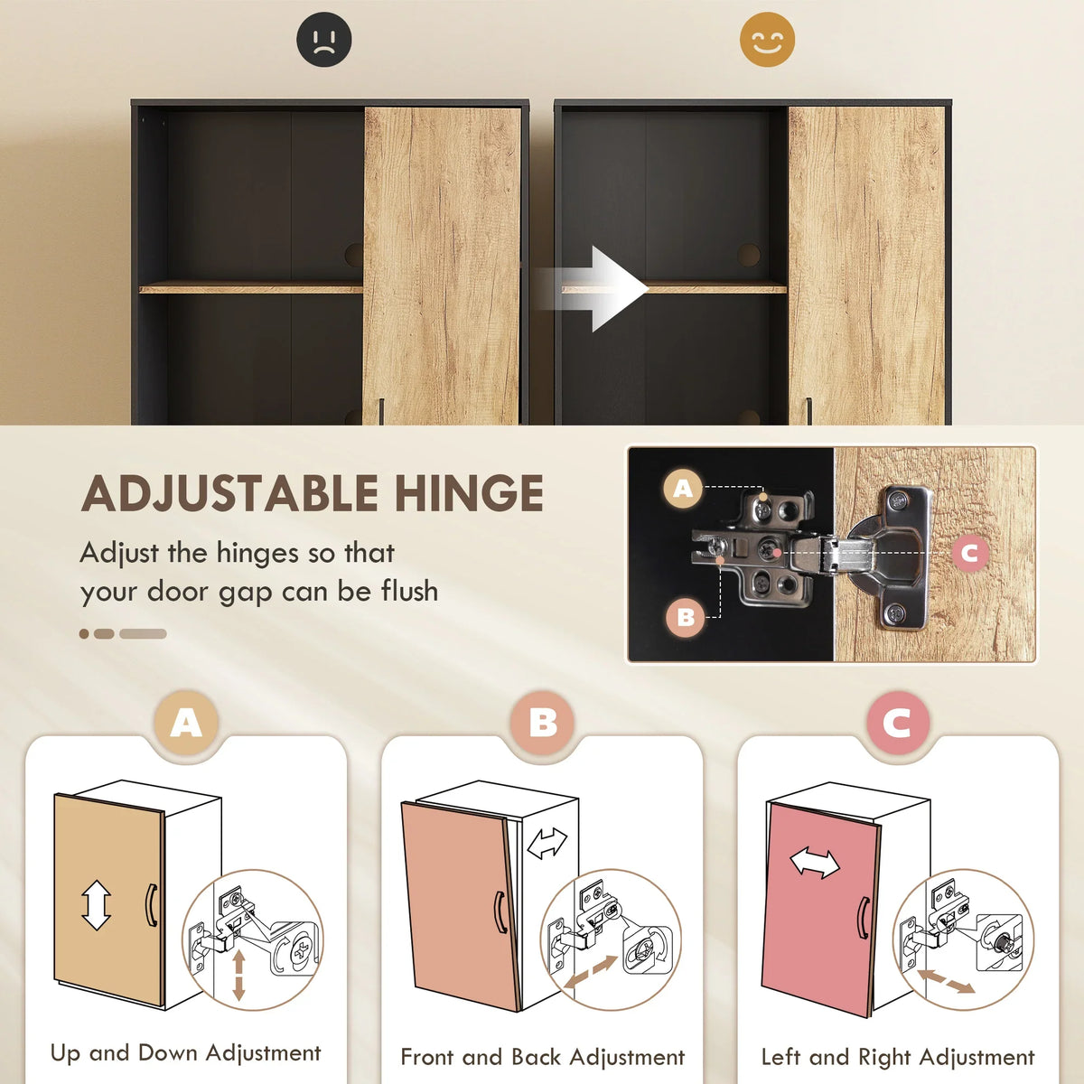 Pantry cabinet with adjustable hinges for door alignment, light wood panel and black frame