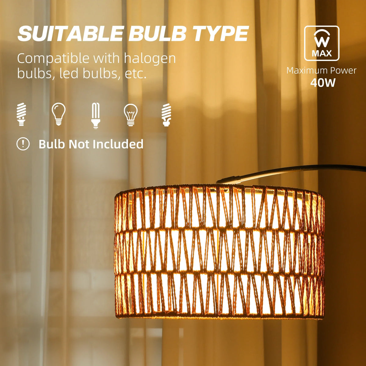 Rattan dual-layer lampshade on black arched floor lamp with warm glow
