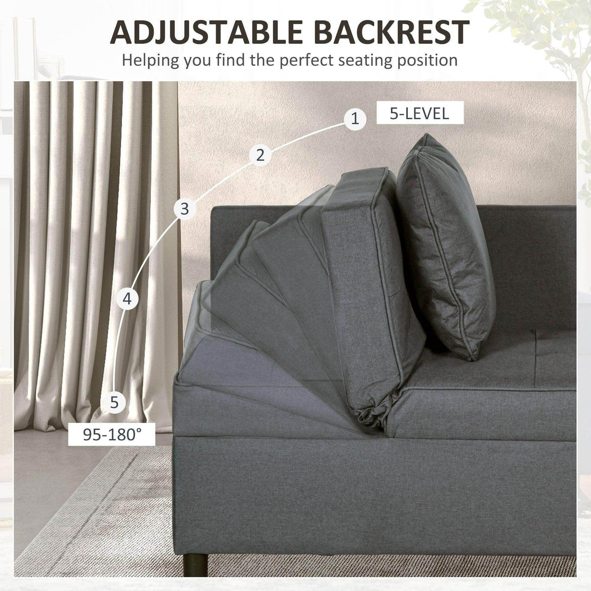Grey convertible chair bed with 5-level adjustable backrest in reclined position