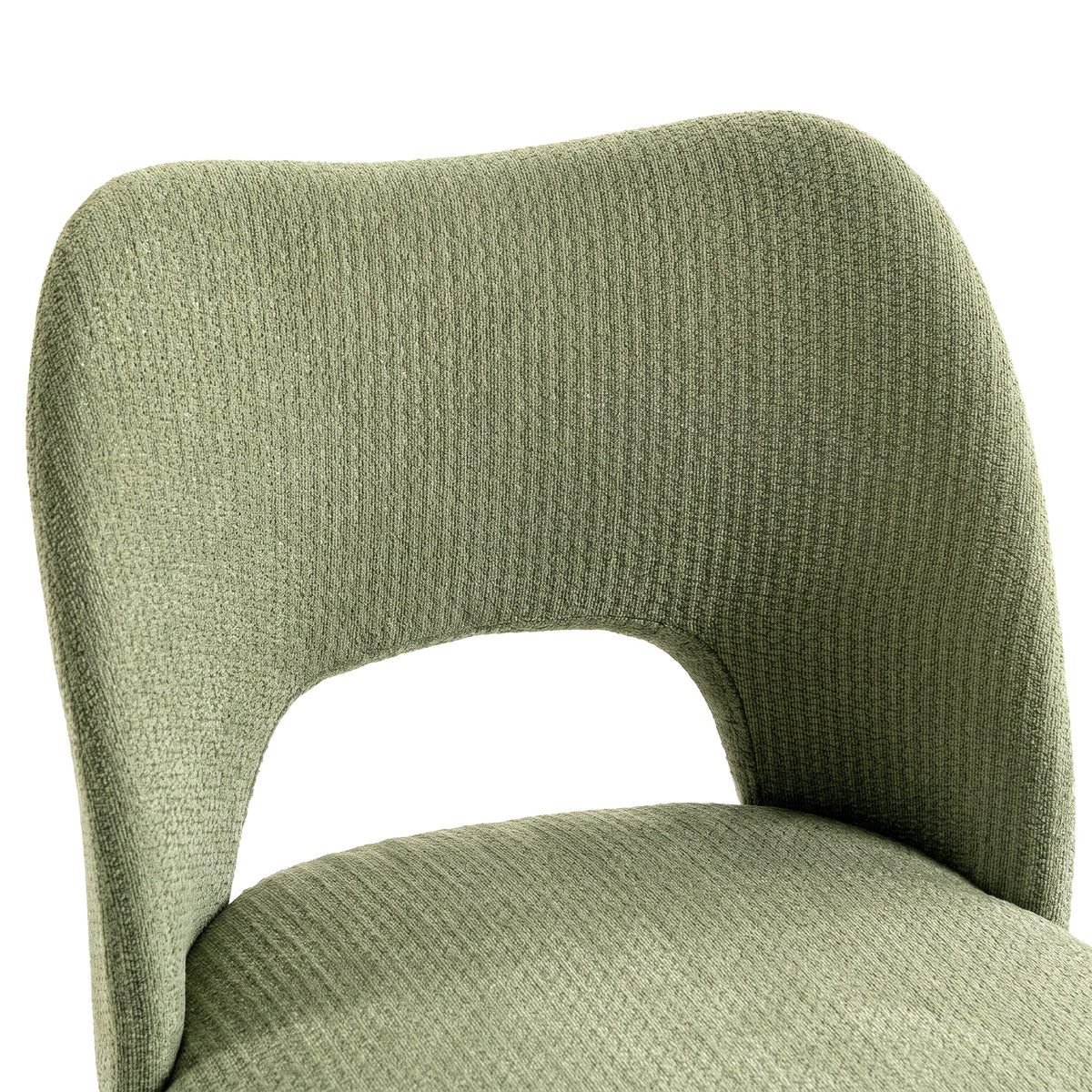 Green chenille chair backrest with textured fabric upholstery