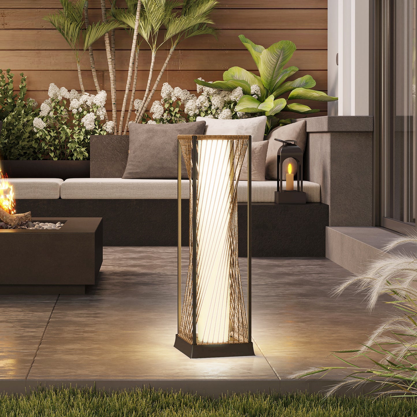 Outsunny Rattan Solar Garden Lights Auto On Off LED Floor Lamp Sand Brown Outdoor Lighting