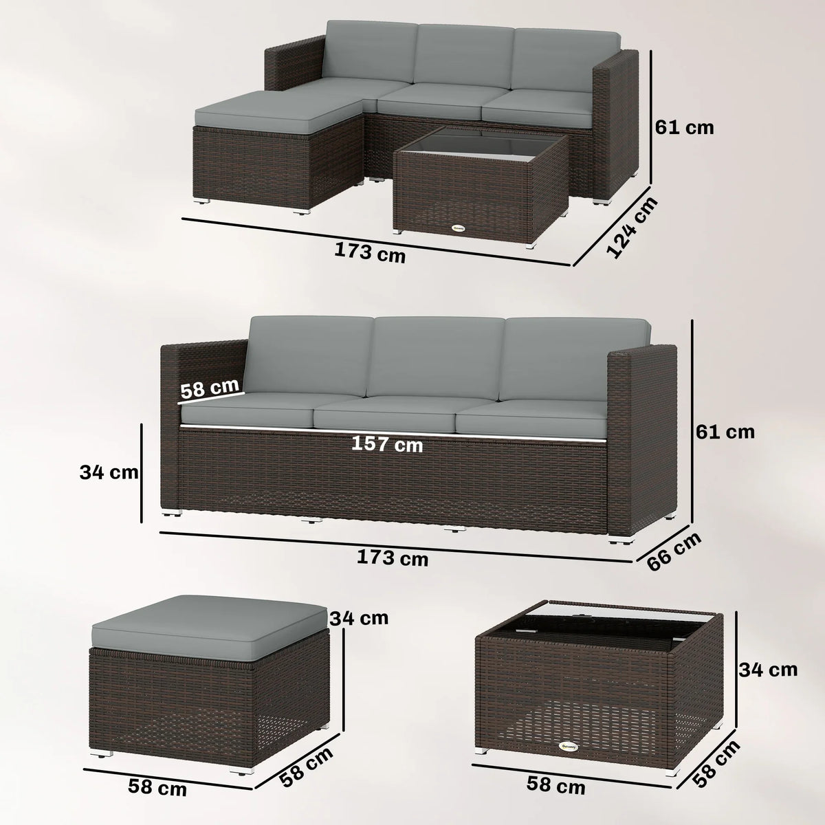 Outdoor rattan sofa set with light gray cushions and ottoman pieces, shown with dimensions