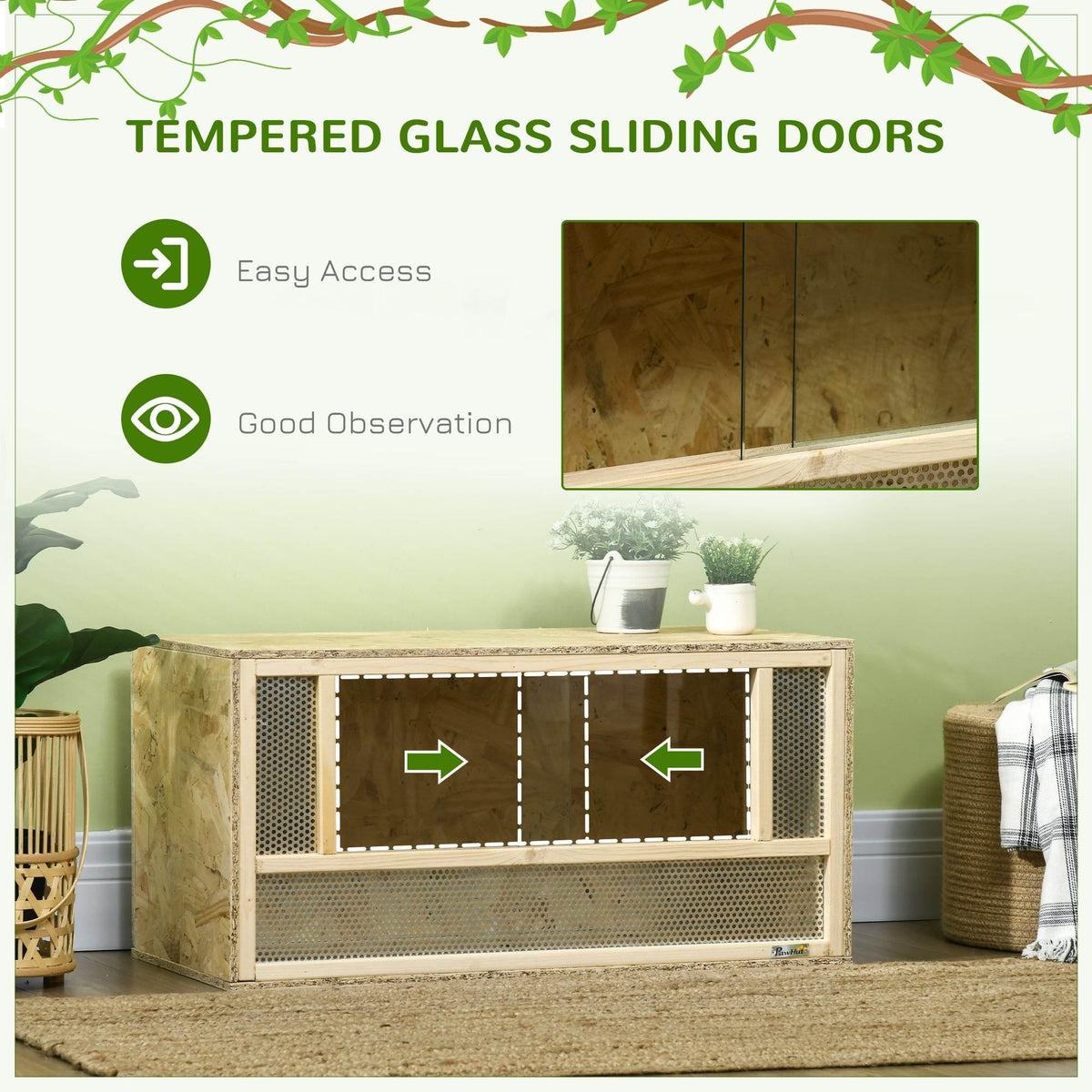 Wooden reptile habitat with sliding glass doors and metal mesh front panels