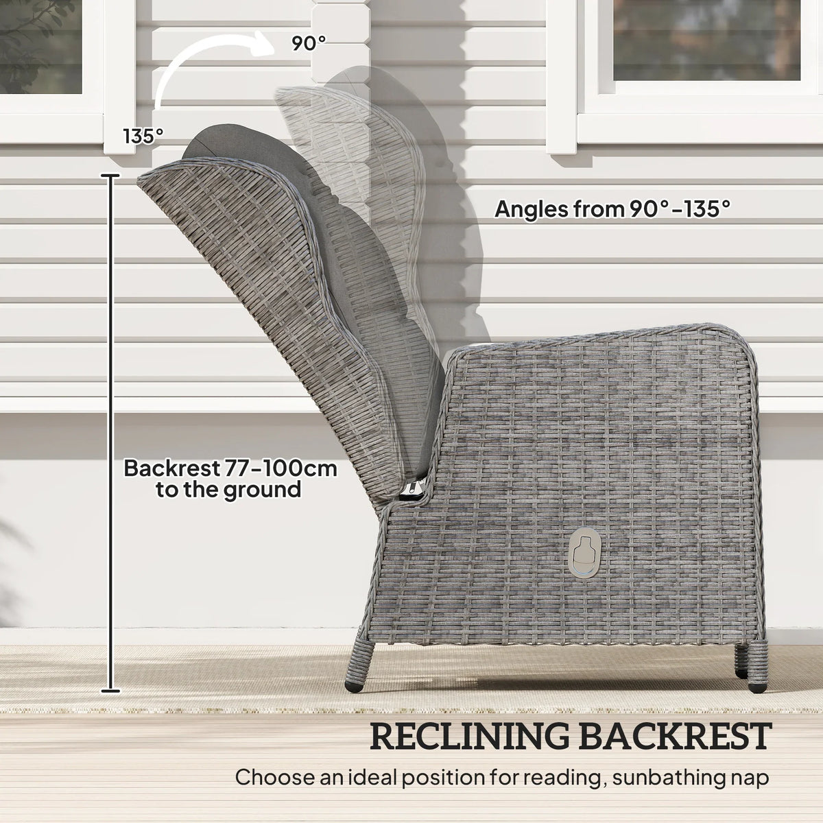 Grey rattan reclining armchair with adjustable backrest and upholstered seat