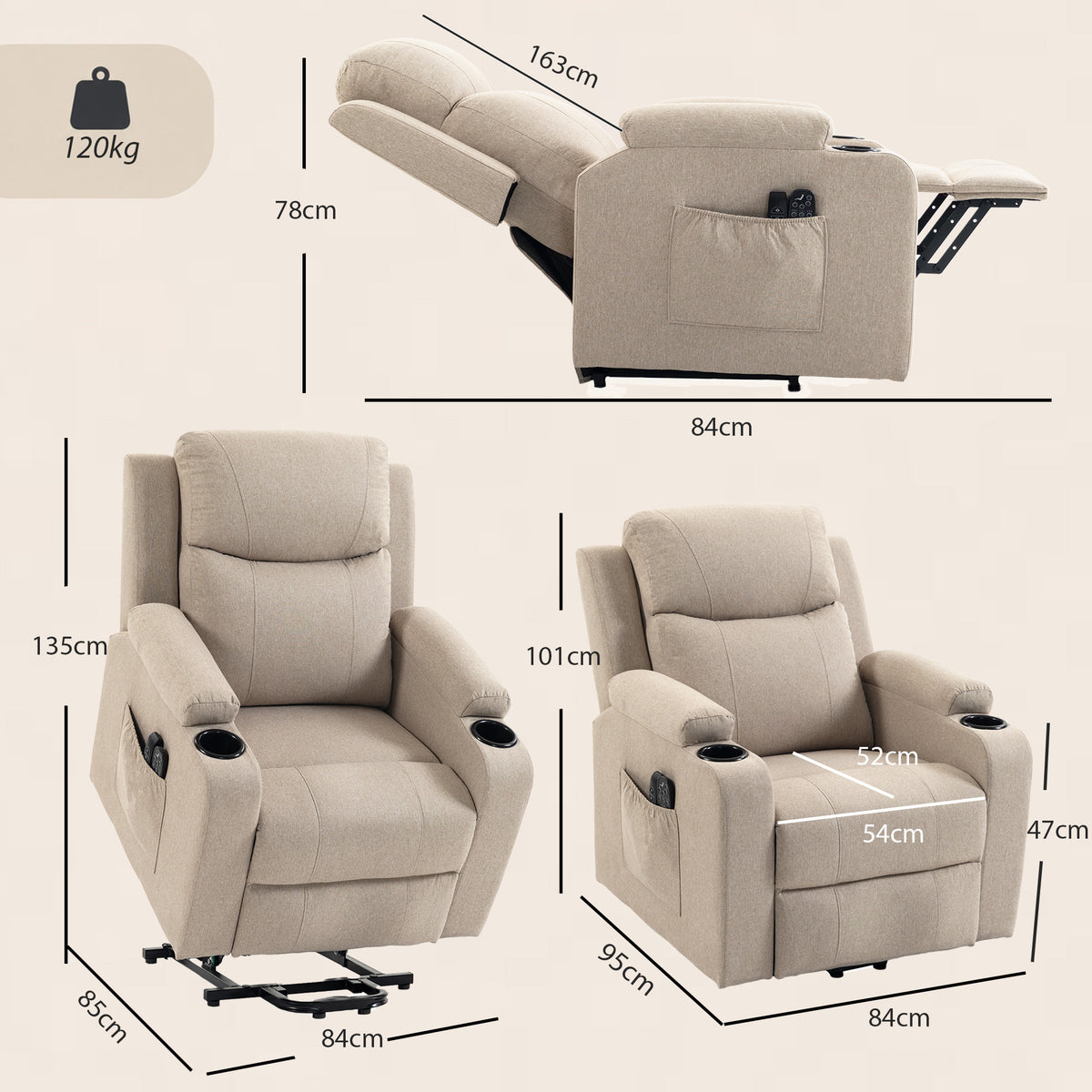 Light beige power lift recliner chair with size diagram and adjustable reclining base