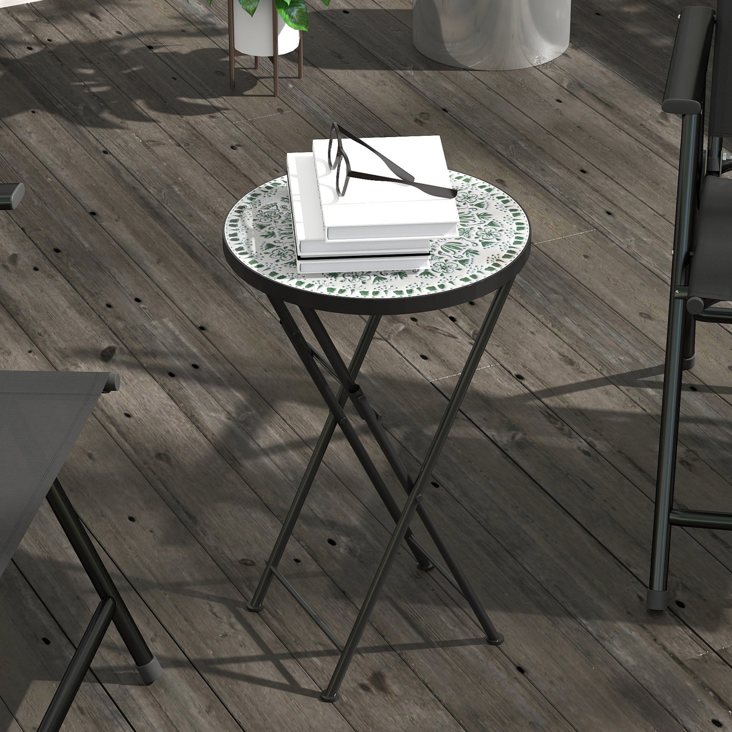 Outsunny Mosaic Outdoor Garden Table Round Folding Coffee Table 35.5cm With Metal Frame For Balcony Terrace Green