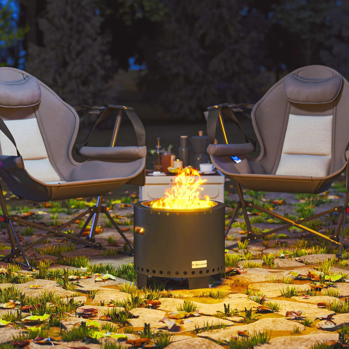 Black steel fire pit burning on an outdoor patio with visible flames