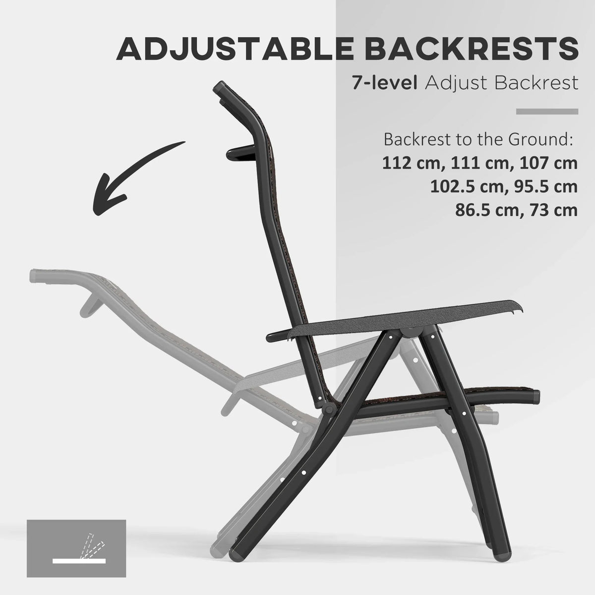 Dark brown folding garden chair with seven-level adjustable backrest and steel legs
