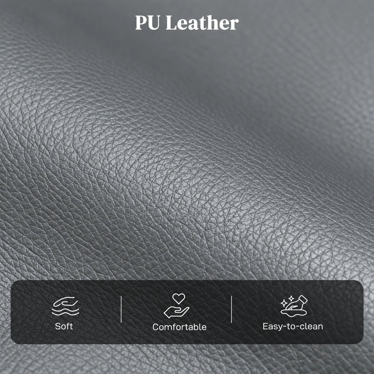 Grey PU leather upholstery close-up with textured finish and comfort feature icons