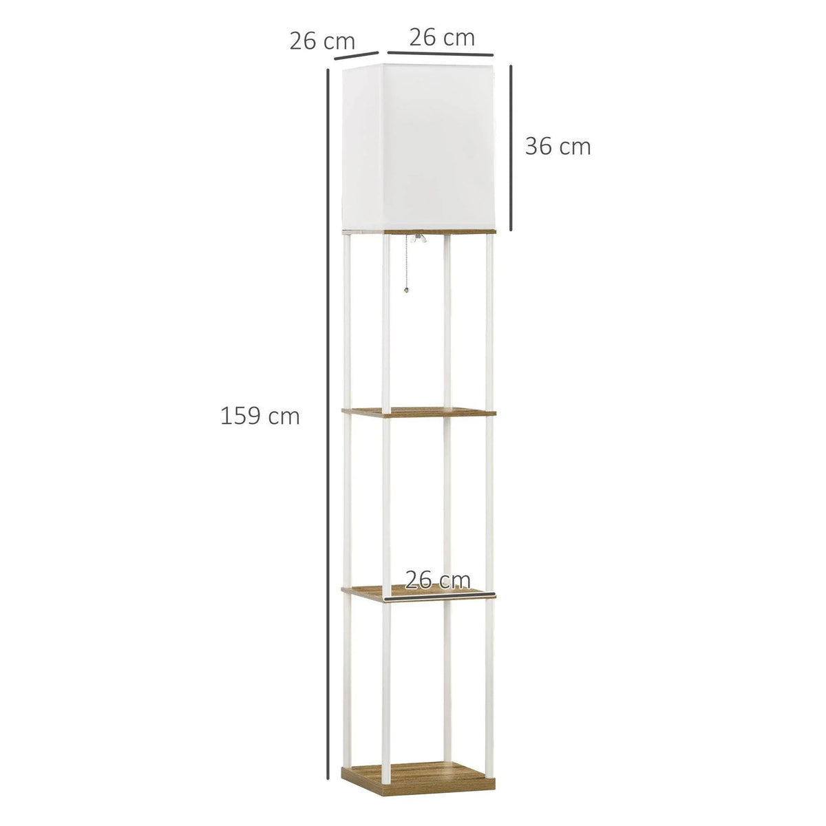 Tall floor lamp with fabric shade and three wood shelves, 159 cm height