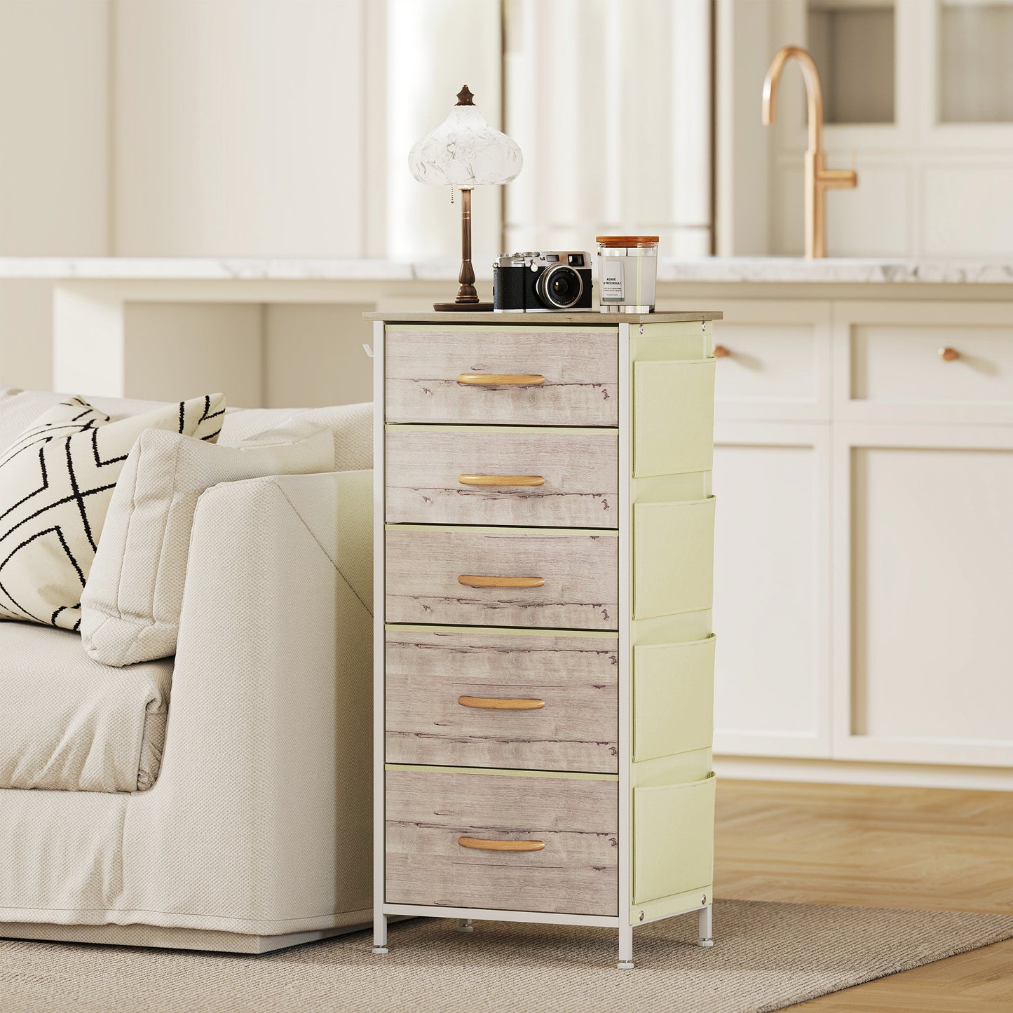 HOMCOM Five Fabric Drawer Chest With Three Small And Two Large Drawers Natural Wood Finish With Steel Frame X Bars
