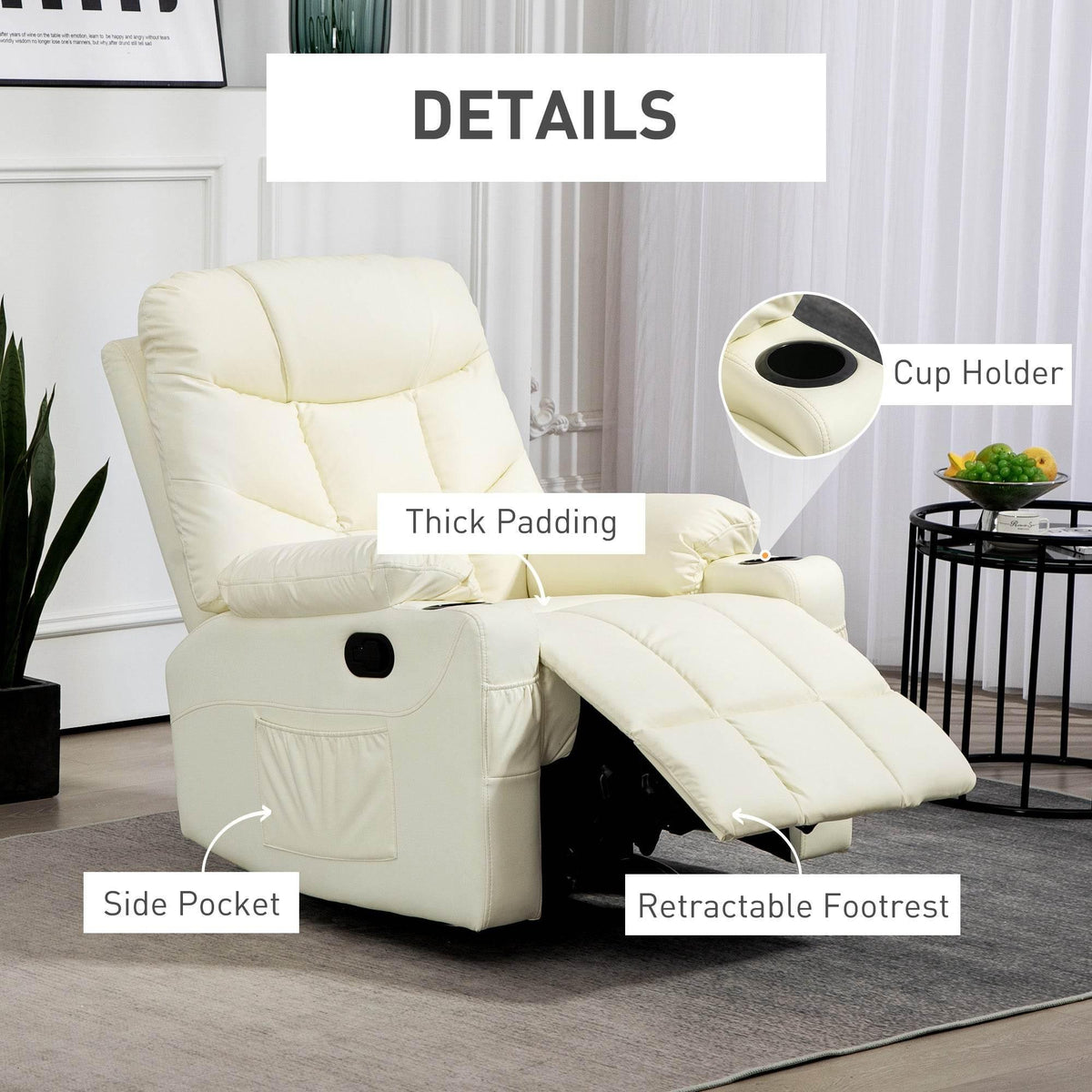 Cream faux leather recliner with thick padding, side pocket, and retractable footrest