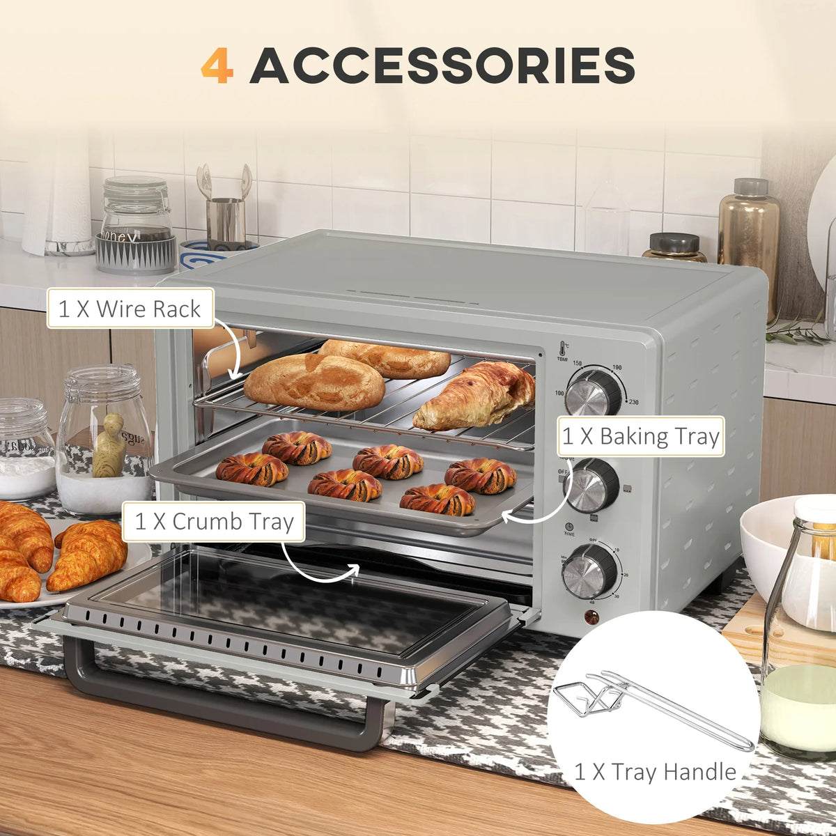 Silver mini countertop oven with open door plus wire rack, baking tray, crumb tray
