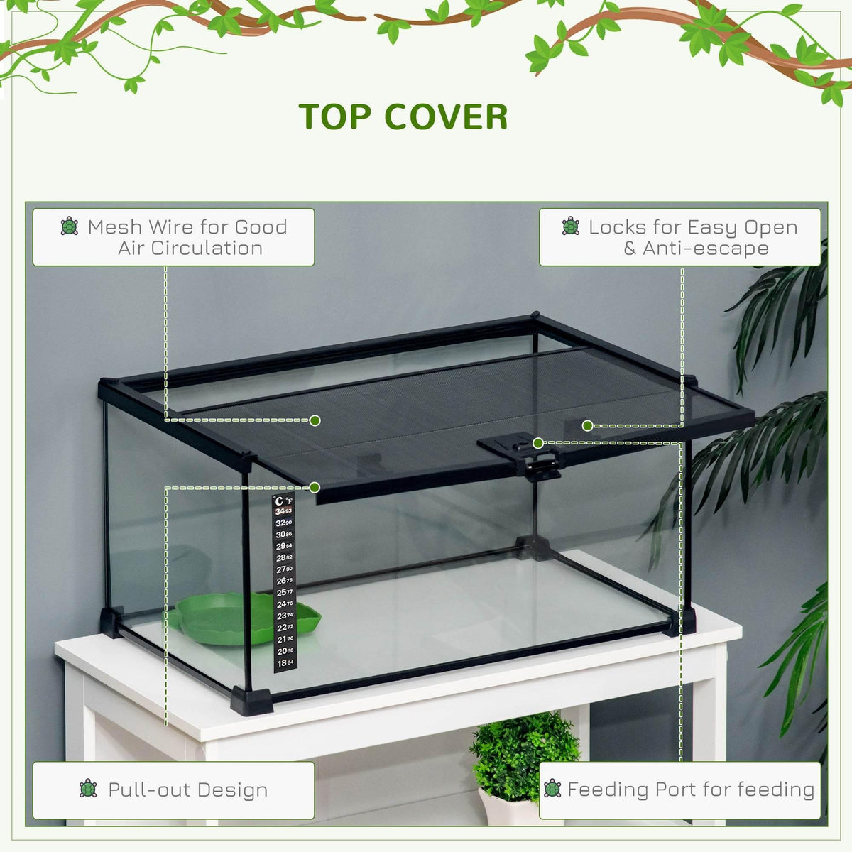 Black glass terrarium with mesh top cover, side thermometer, and pull-out feeding port