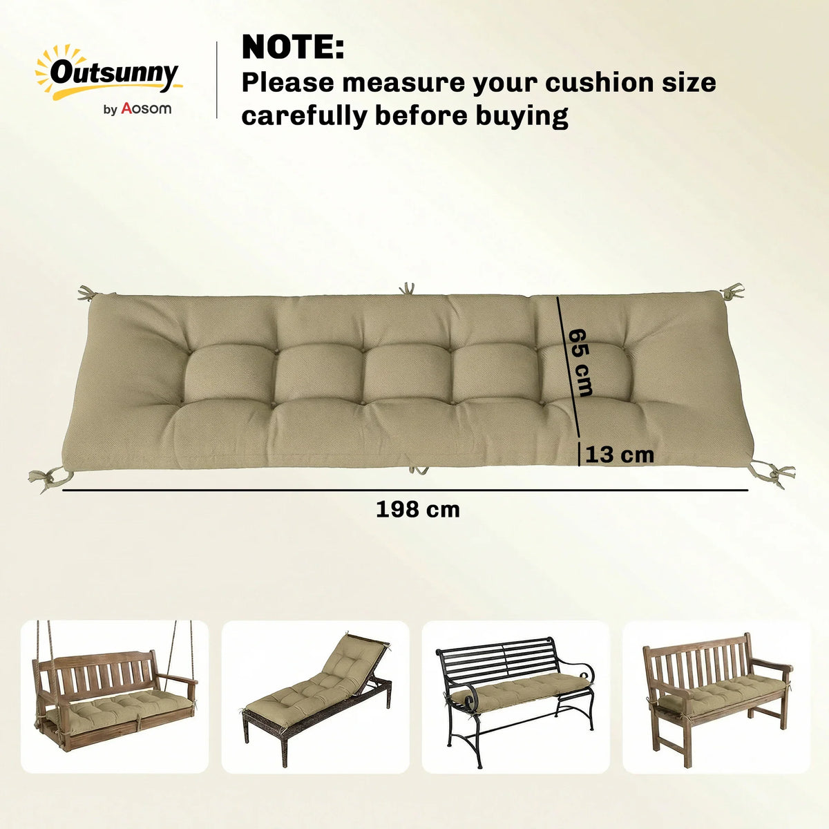 Olive cushion with tie ends and size markings for length and thickness