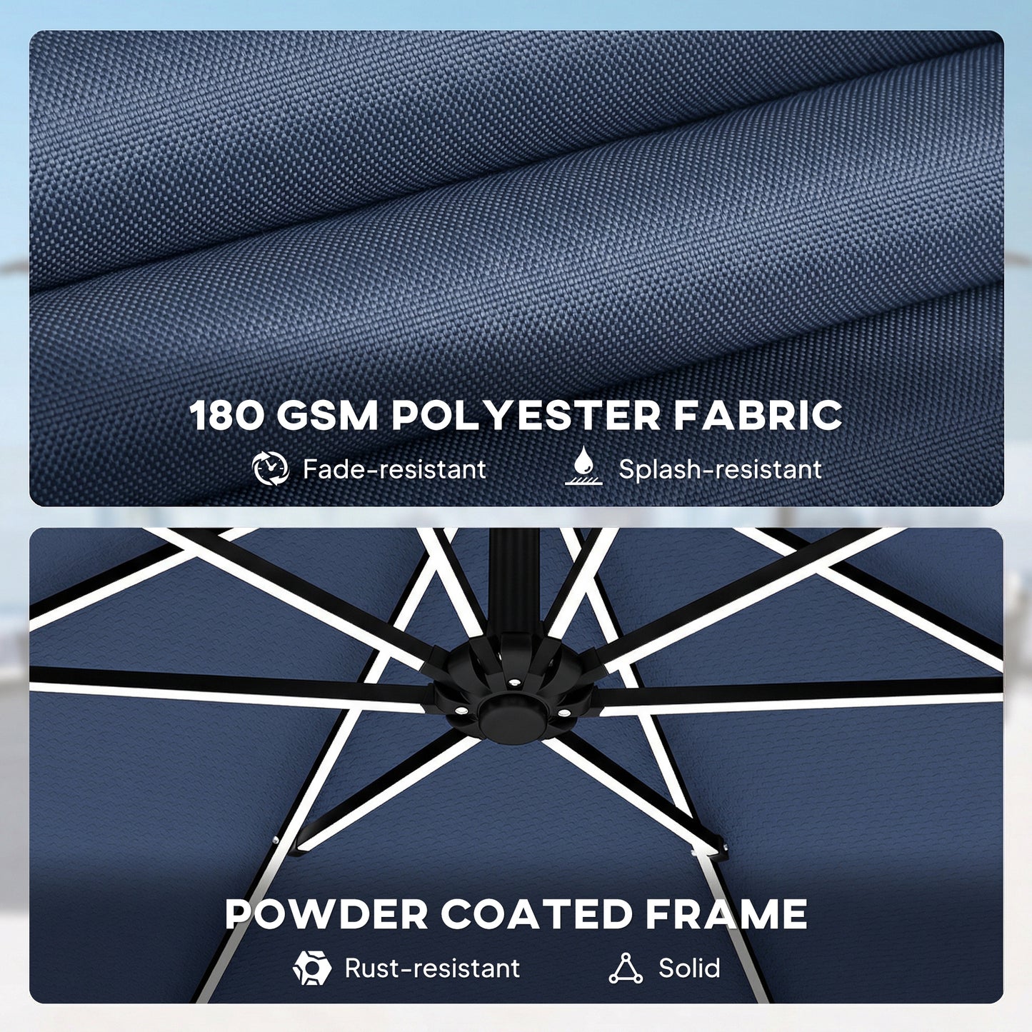 Outsunny Three Meter Garden Cantilever Parasol With LED Solar Light, Round Umbrella With 360 Degree Rotation, Navy Blue