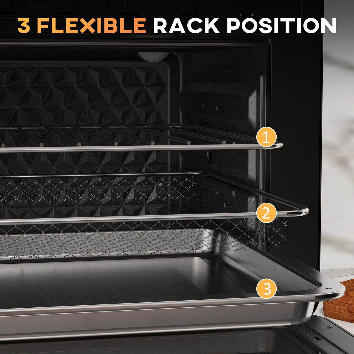 Black air fryer oven interior with multiple rack levels and pull-out slide rails