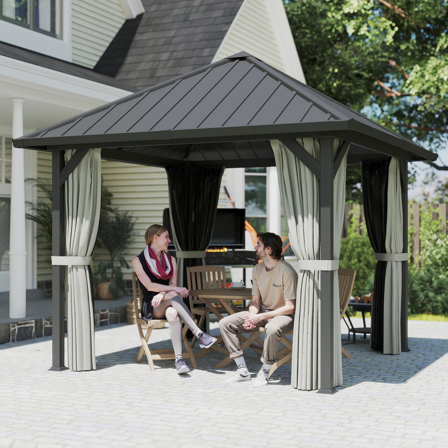 Outsunny 3x3m Hardtop Gazebo With Galvanised Roof And Water Gutter Waterproof Pavilion With Netting Curtains For Patio