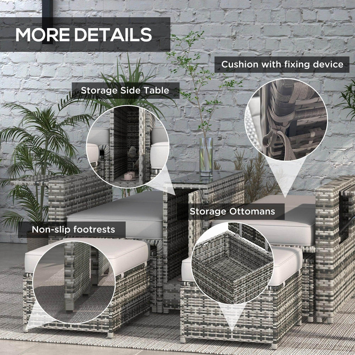 Grey rattan lounge set with storage side table and padded storage ottomans