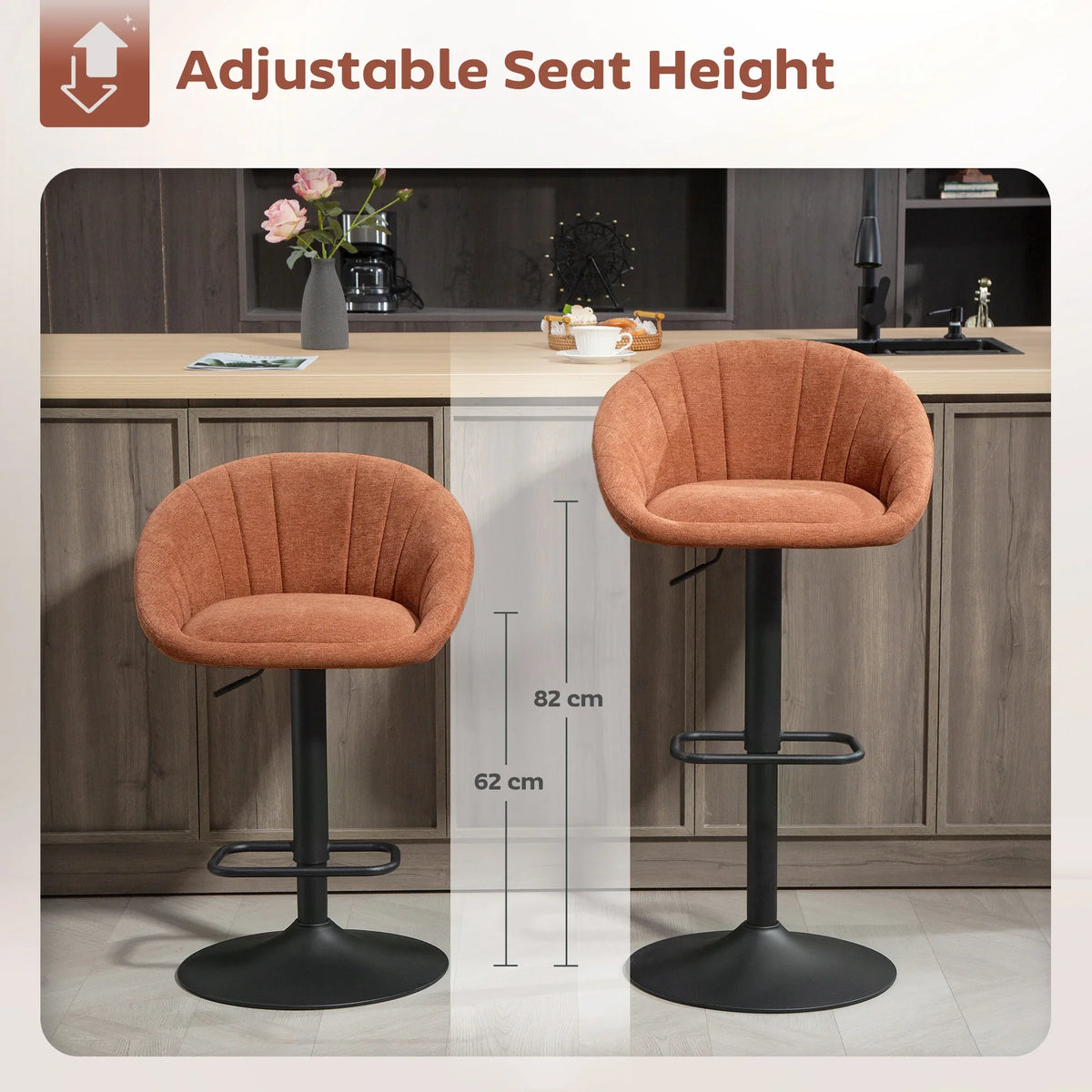 Two orange bar stools with adjustable seat height, black base, round metal footrest