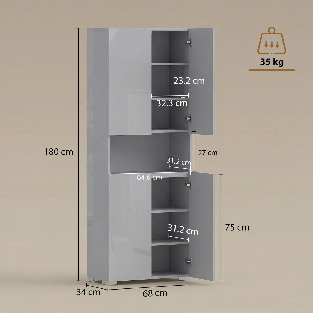 High-gloss grey kitchen cupboard pantry cabinet shown open with interior shelves and dimensions