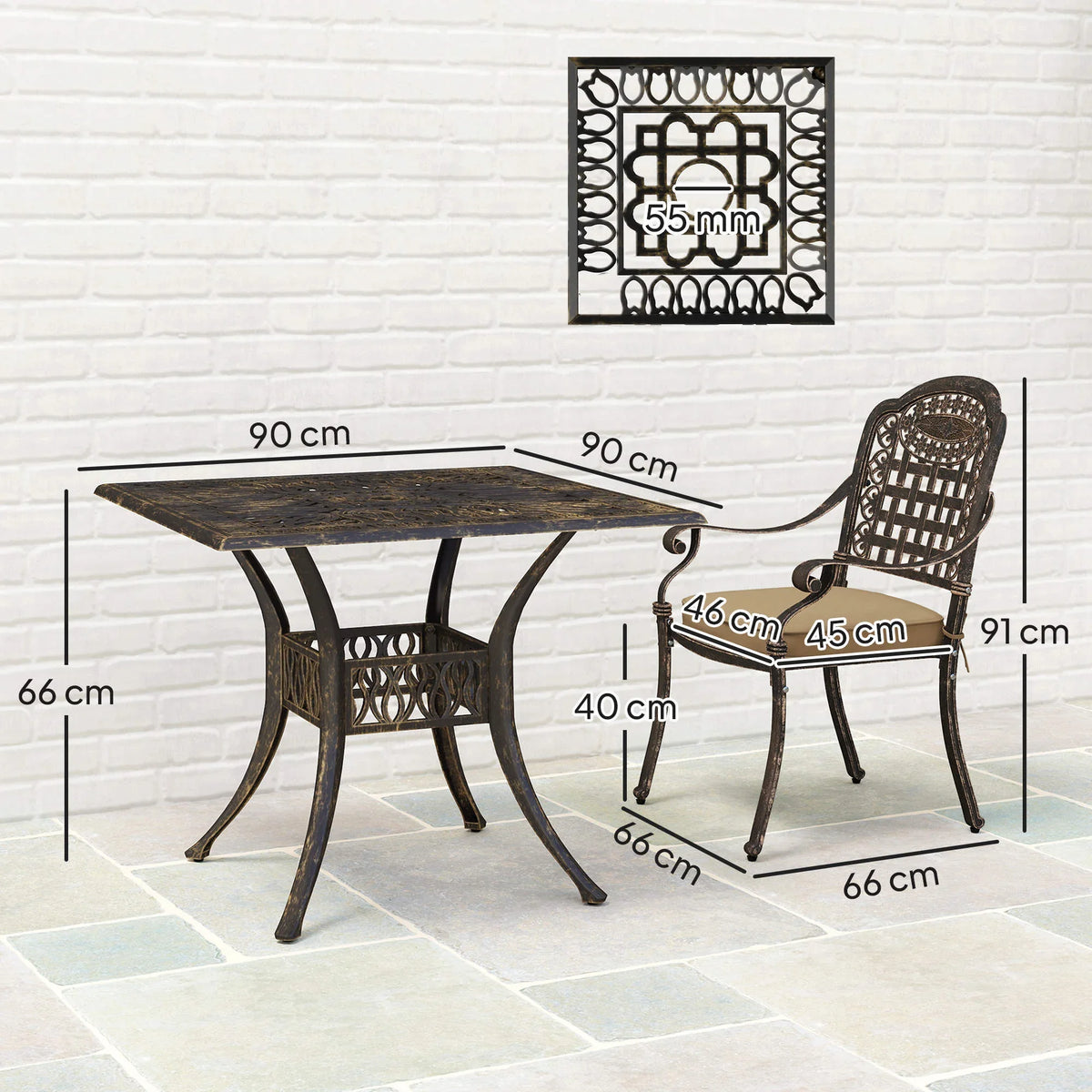Bronze square dining table with floral grid chairs, size diagram with key measurements
