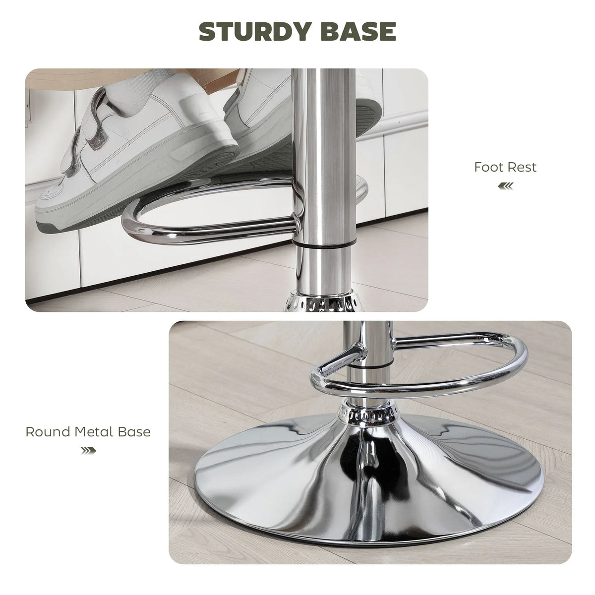 Chrome round base and footrest on green height-adjustable swivel bar stool