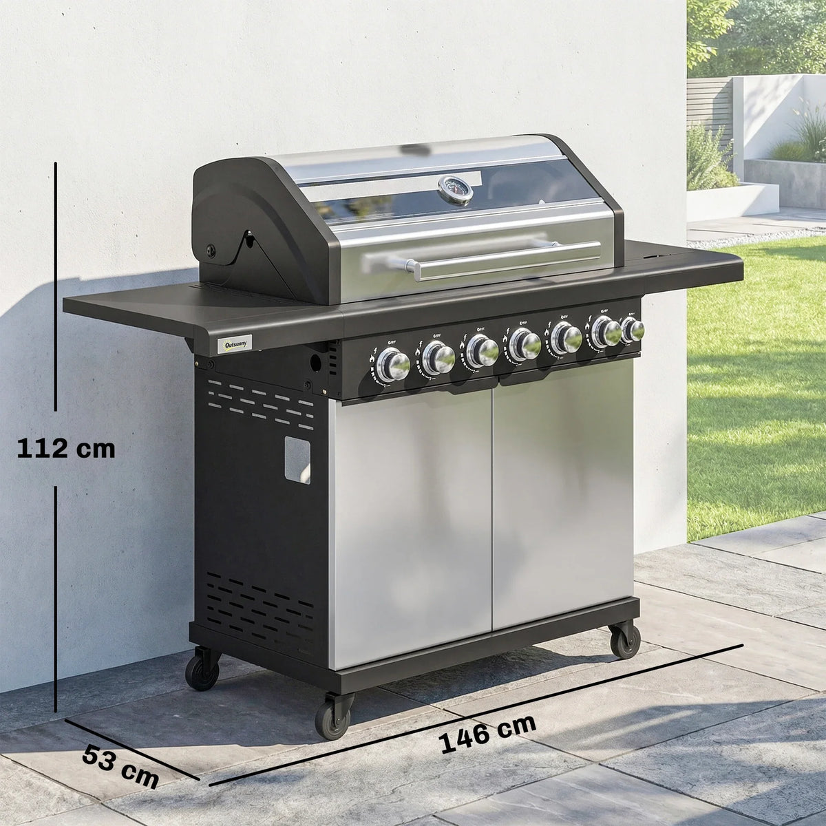 Silver and black gas BBQ grill trolley with front control knobs and four wheels