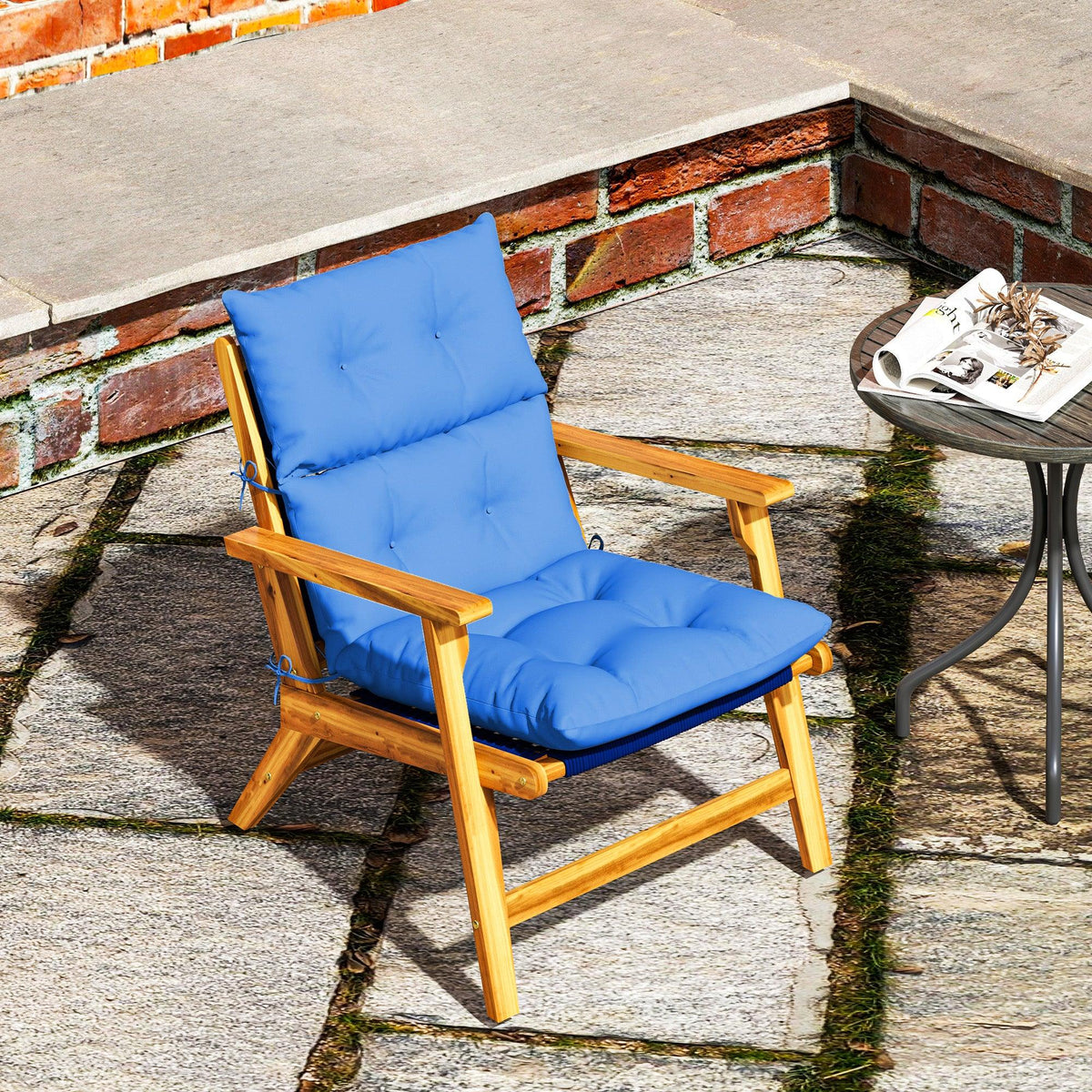 Blue rocking chair cushion with tie fastenings, padded seat and tufted back