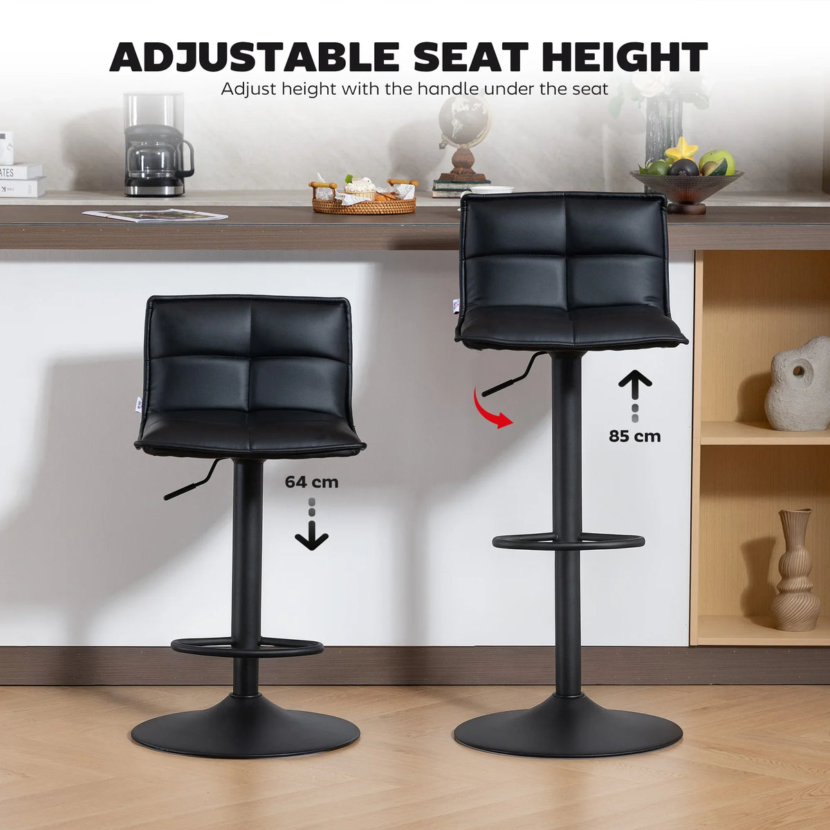 Set of two black faux-leather bar stools with adjustable gas-lift seat height