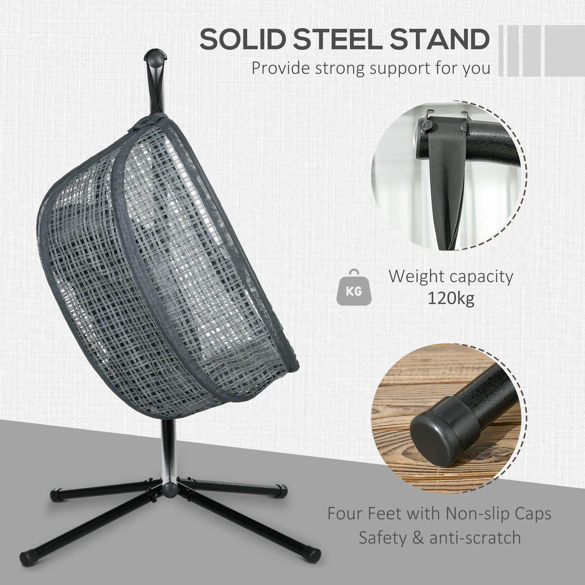 Dark grey metal stand and hanging mesh basket swing chair for outdoor use with cushion