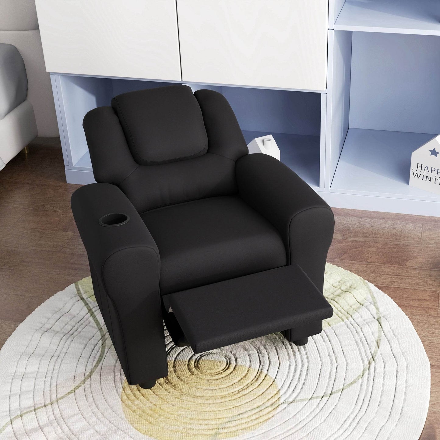HOMCOM Children's Recliner Chair with Adjustable Backrest, Cup Holder & Padded Headrest in Black PU Leather - ALL4U RETAILER LTD