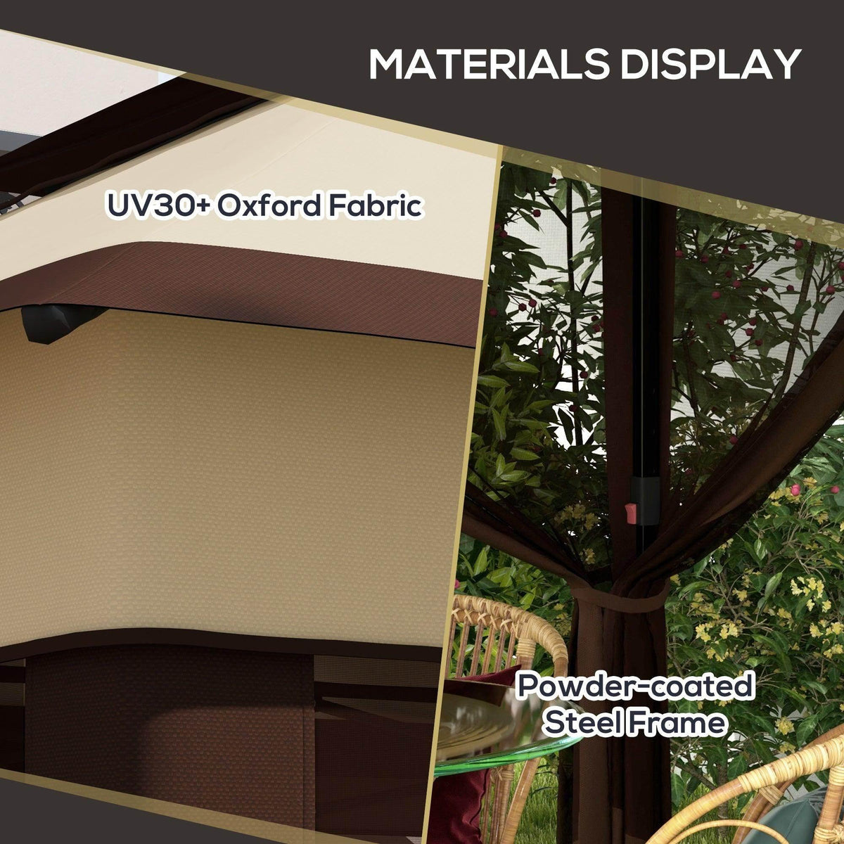 Beige canopy and dark fabric with UV30+ Oxford surface and powder-coated steel frame