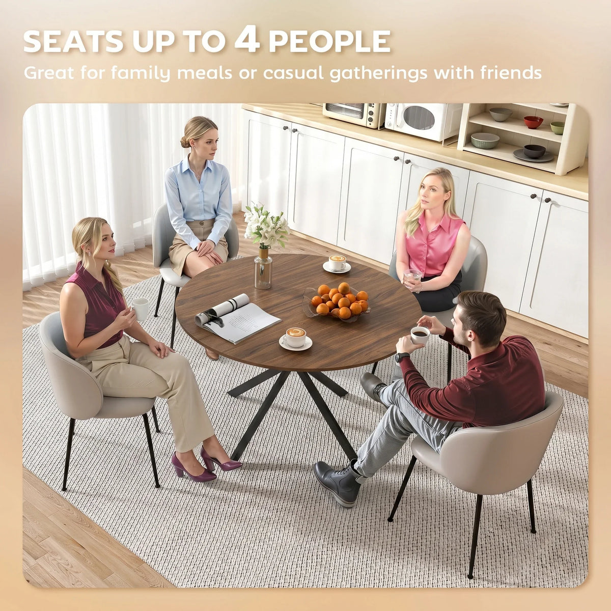 Round dining table with brown wood-effect top and sturdy black X steel base.