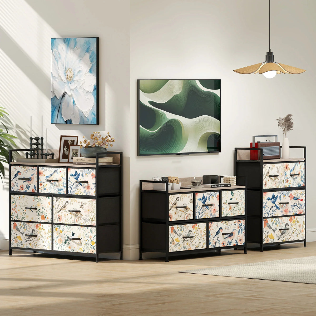Patterned fabric chest of drawers with black frame and seven drawer fronts