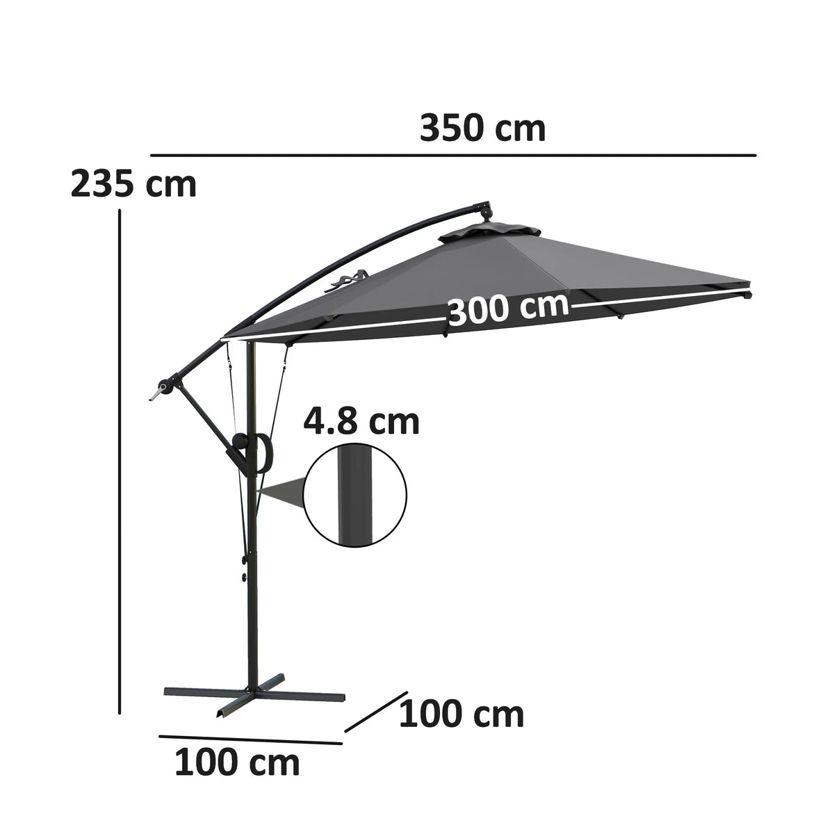 Grey cantilever parasol diagram: crank tilt frame with 300 cm canopy width