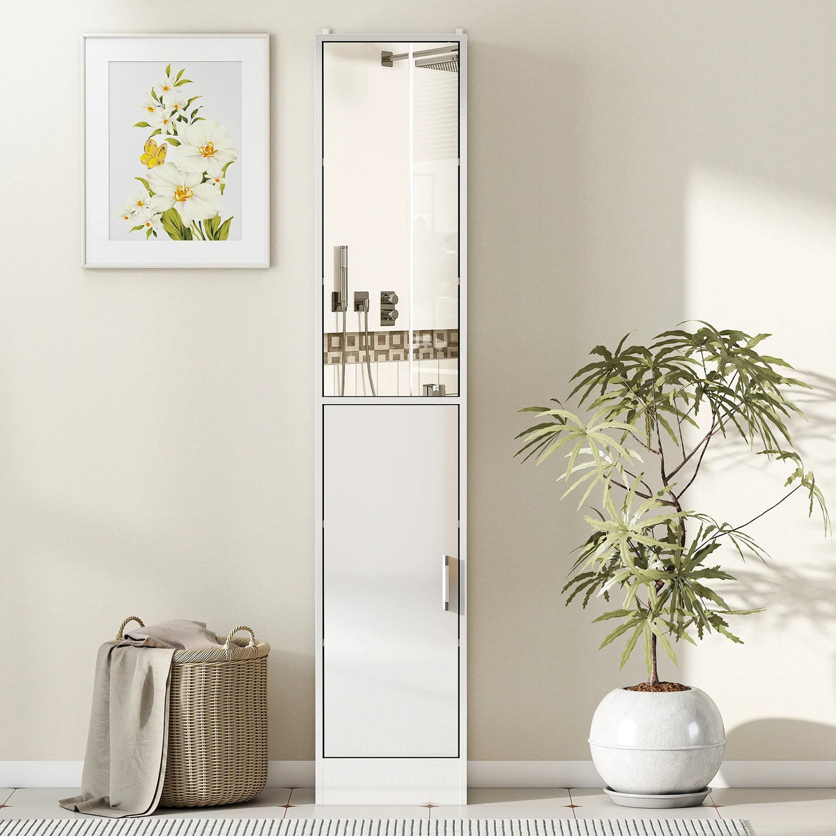 Tall bathroom cabinet in high-gloss white with mirrored door, closed