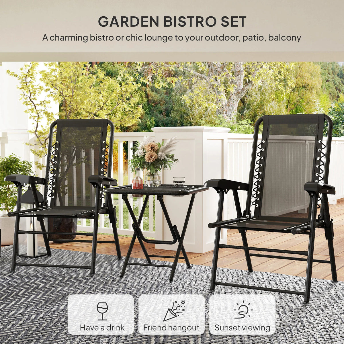 Black garden bistro set with two folding chairs and square folding table on patio