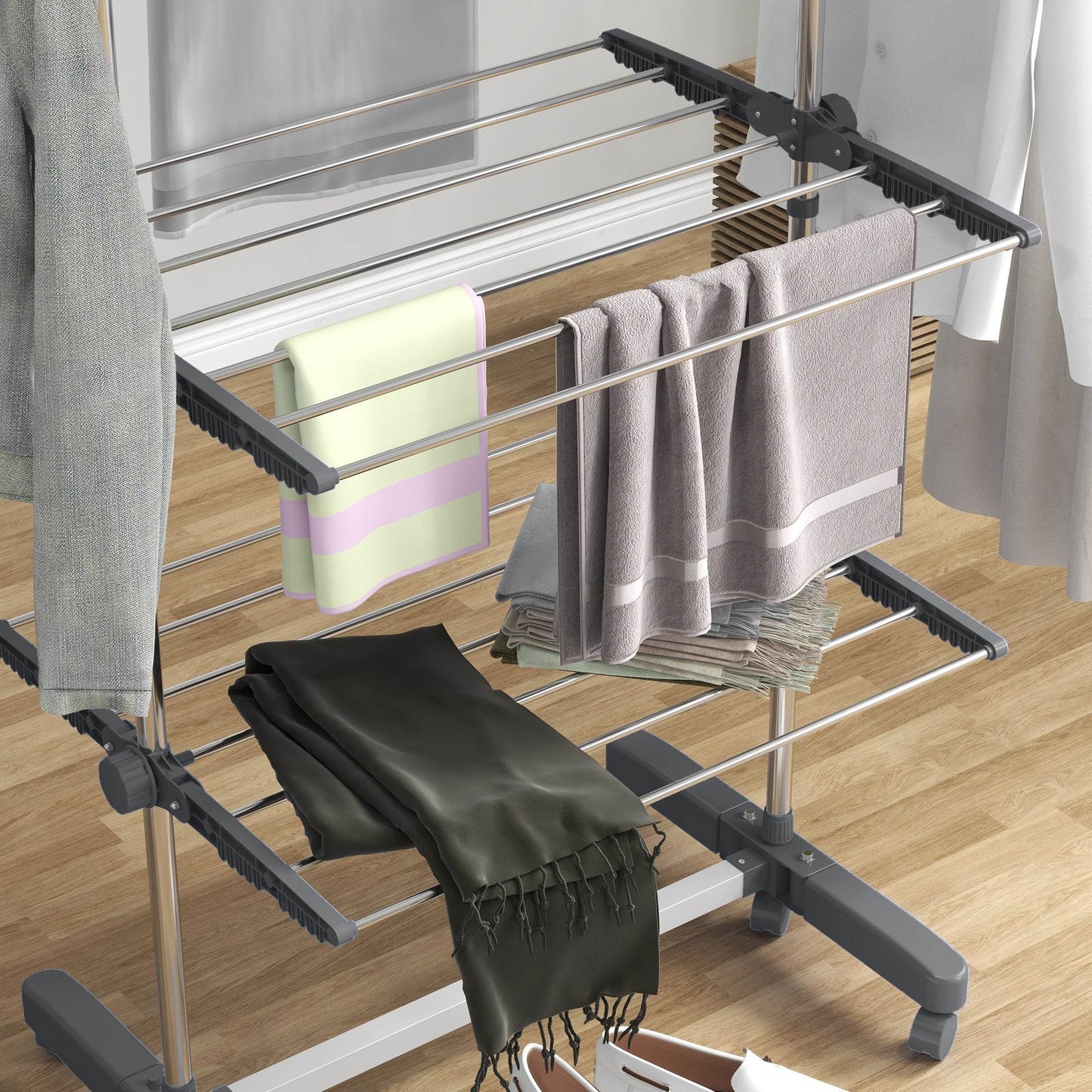 HOMCOM Foldable 4-Tier Clothes Drying Rack with Wheels & Adjustable Wings - Stainless Steel Laundry Airer - ALL4U RETAILER LTD